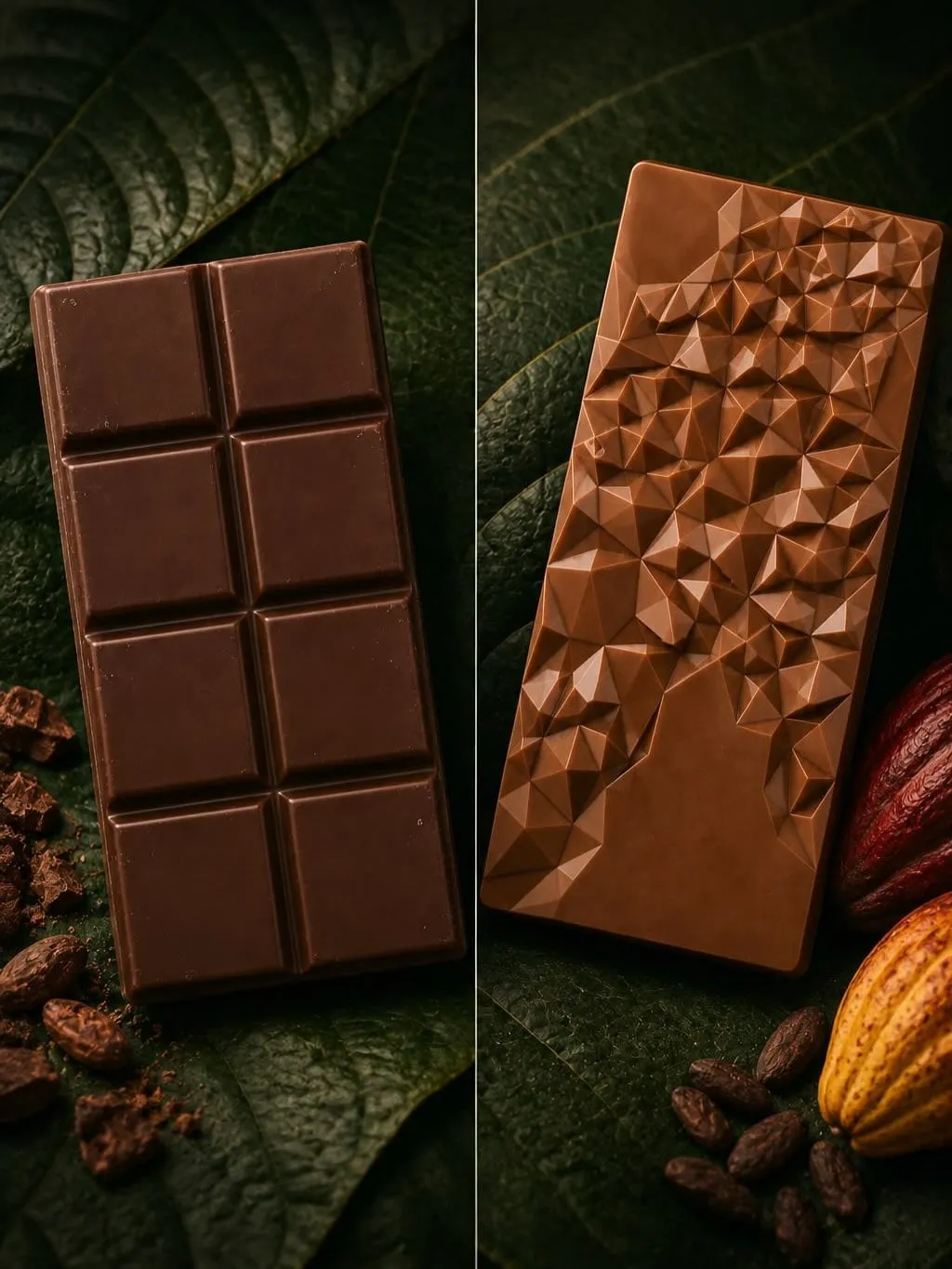 Duas barras de chocolate Serra do Azeite sobre folhas, ao lado de frutos de cacau