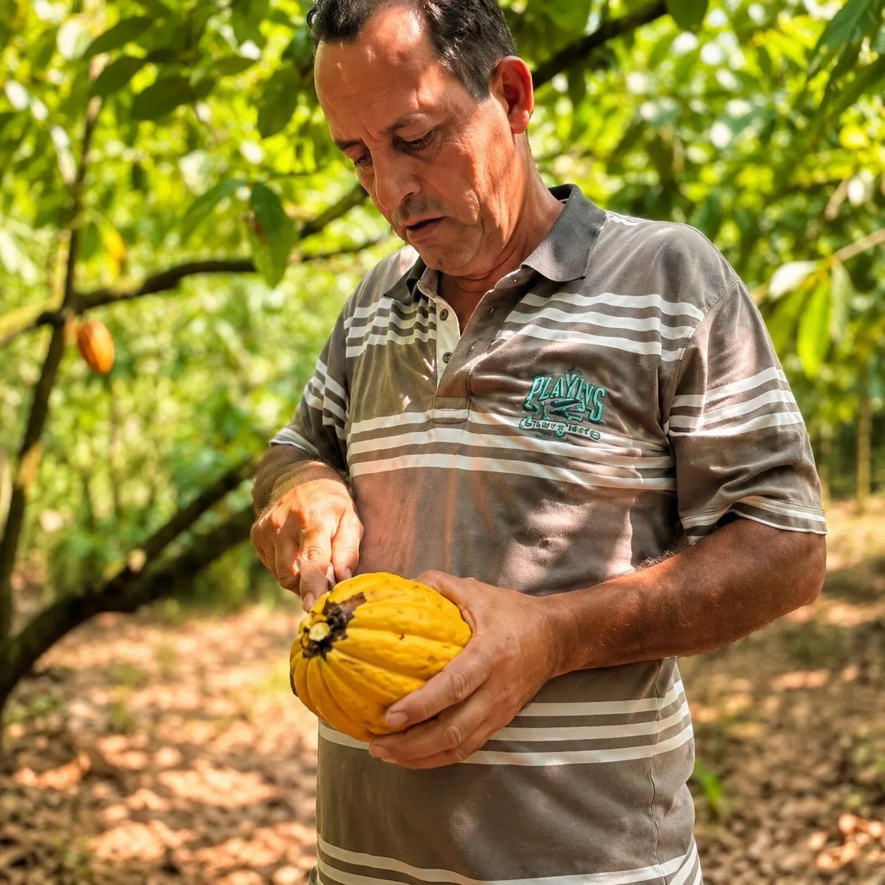 Produtor do Vale do Ribeira abrindo um fruto de cacau maduro