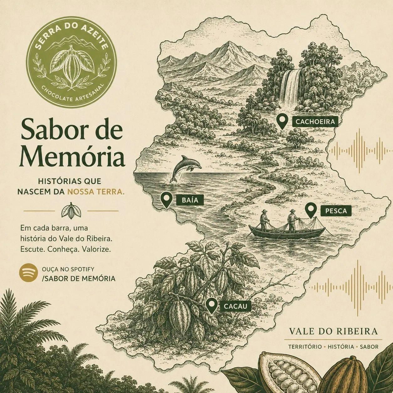 Arte da campanha Sabor de Memória com o mapa ilustrado do Vale do Ribeira, marcando cachoeira, baía, pesca e cacau