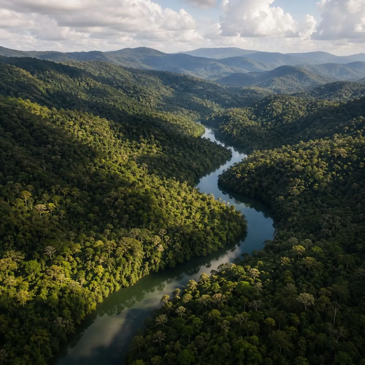 Vista aérea da Mata Atlântica e do rio no Vale do Ribeira, onde nasce o cacau da Serra do Azeite